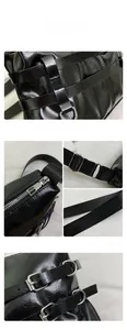 Close-up showing glossy leather texture, silver metal zippers and nylon shoulder strap detail