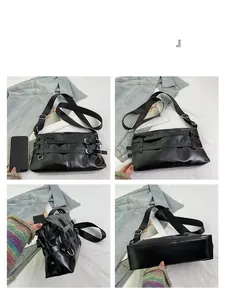 Detailed views showing polished black shoulder bag with silver buckle straps from multiple angles