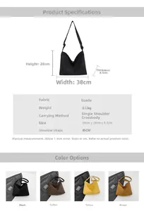 Detail showing dimensions 38x28x8.5cm and material for this suede tote shoulder bag
