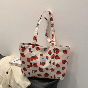 Elegant strawberry print tote bag in cream canvas with large capacity for women