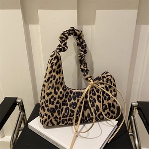 Vintage leopard print tote bag with ruched handle and bow detail for women