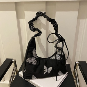 Butterfly Embroidered Synthetic Leather Underarm Bag For Women Vintage Y2K Hobo Bag Shoulder Handbag Ruched Daily Bag