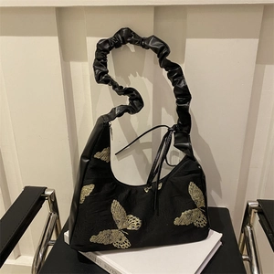 Black butterfly embroidered shoulder bag with stylish ruched cloud handle for women