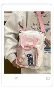 Close-up of clear PVC display pocket on a white and pink ita bag with a cute plush toy