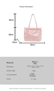 Size chart for pink ribbon tote bag showing dimensions 40x39x10cm in nylon and PVC