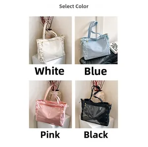 Glossy PU leather ita bag with clear window and side ribbon bows in four colors