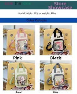 Collage of mini canvas ita bags in pink, black, green, and blue with clear windows