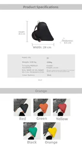 Detailed view of heart-shaped PU leather handbag with LOVE strap in five vibrant colors