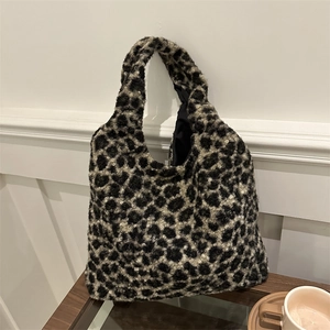 Sac Fourre-Tout en Peluche Imprimé Léopard Grande Capacité Sac à Main Épaule en Fausse Fourrure Femme Mode Automne Hiver