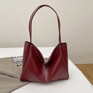 Vintage burgundy faux leather tote bag with long handles and large capacity design