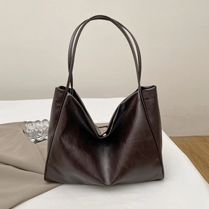 Minimalist coffee brown faux leather tote bag with long straps for office commute