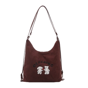 Minimalist brown suede bucket tote bag with cute animal embroidery and thin straps