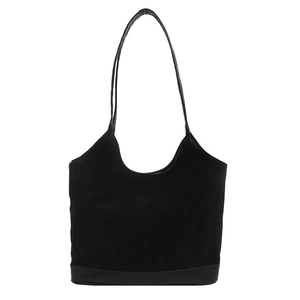 Minimalist black suede tote bag with leather拼接 and long shoulder straps for women