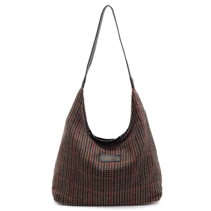 Large houndstooth tote bag for women with black faux leather straps and vintage style