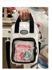 Detailed close-up of a white ita bag with clear window for anime pins and badges