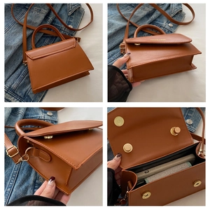 Detailed views of vintage brown leather crossbody bag with adjustable strap and golden buckle
