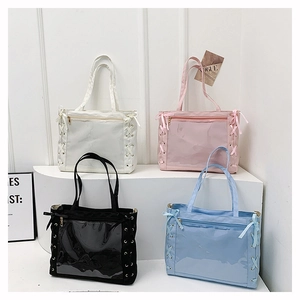 Japanese style tote bag detail with clear PVC window and ribbon bows in four colors