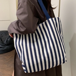Large Capacity Canvas Striped Tote Bag Retro Printed Vertical Stripes Shoulder Bag Fashionable Shopping Bag For Women
