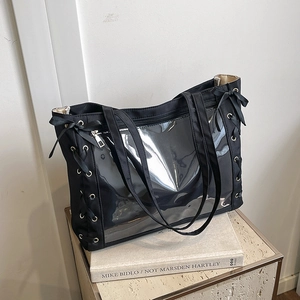 Black tote bag with clear PVC window and ribbon bows, Japanese style ita bag design