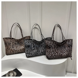 Detailed comparison of three leopard print tote bags in brown, grey, and tan colors