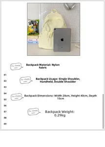 Detail view of lightweight 0.29kg nylon backpack with 28x40x15cm size specifications
