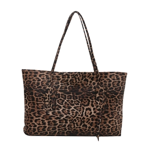 Classic leopard print tote bag with large capacity and double shoulder straps on white background