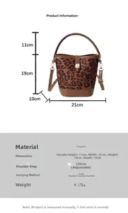 Detailed product size chart for the leopard print bucket bag with measurements and specifications