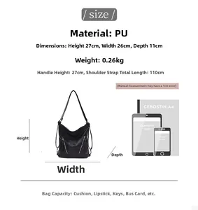 Tableau détaillé des tailles pour sac fourre-tout en cuir PU avec dimensions et capacité