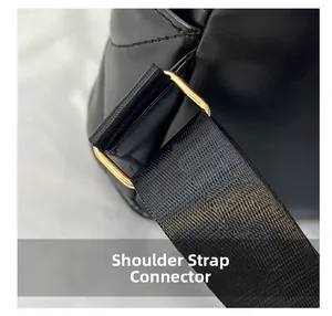 Detail of a golden metal strap connector and thick fabric shoulder strap on a black leather bag