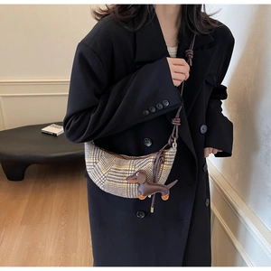 Retro brown plaid crescent bag featuring a cute brown leather dachshund puppy pendant