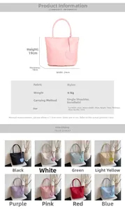 Detailed size chart for nylon tote bag featuring dimensions and multiple color options