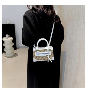 Rear view of model wearing a mini brown monogram canvas and white leather crossbody bag