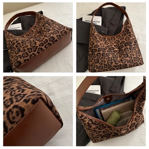 Detailed views of leopard print faux suede tote bag showing large capacity and leather base