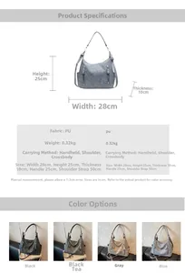 Detailed size specifications for the gray PU leather tote bag with product dimensions