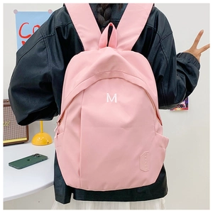 Pink casual backpack with M embroidery and side pocket for water bottle