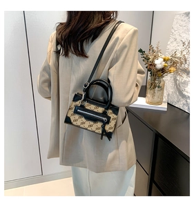 Detail of canvas crossbody bag with black trim and monogram pattern in a modern setting