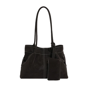 Retro coffee brown suede tote bag with contrast stitching and small coin pouch