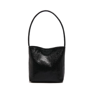Classic black croc-embossed bucket bag with a minimalist shoulder strap design