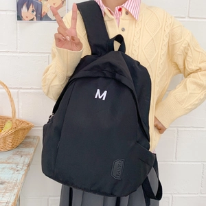 Japanese style black canvas backpack for students with large capacity and letter M print