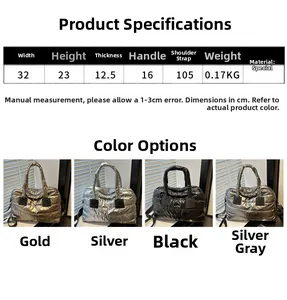 Spécifications de taille pour un sac fourre-tout matelassé en plusieurs couleurs métallisées