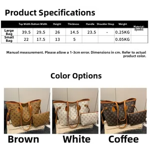 Size chart for large and small tote bags showing dimensions, weight, and colors
