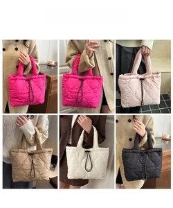 Detail shots of heart-quilted drawstring tote bags in five colors on models