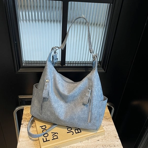 Large gray-blue hobo tote bag with matte texture and dual zipper pockets for women
