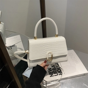 Elegant white faux crocodile leather handbag with golden oval buckle and top handle