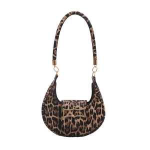 Fashionable leopard print half-moon underarm bag with gold metal buckle and plush texture