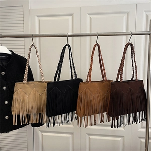 Women's Bohemian Faux Suede Fringe Shoulder Bag Large Capacity Braided Handle Tote Vintage Casual Tassel Commuter Handbag