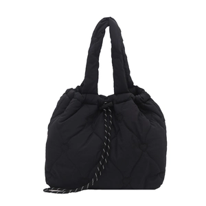 Fashionable black quilted puffer tote bag with heart pattern and drawstring closure