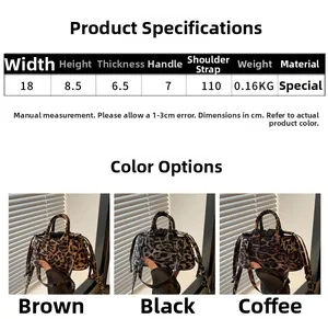 Detailed size chart and dimensions for leopard print handbag with usage photos