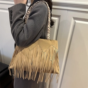 Khaki tassel shoulder tote bag with woven strap and suede-like finish for daily use
