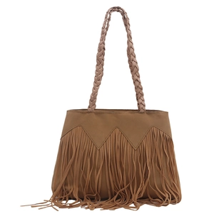 Brown tassel tote bag with woven handles and bohemian fringe details for daily commuting